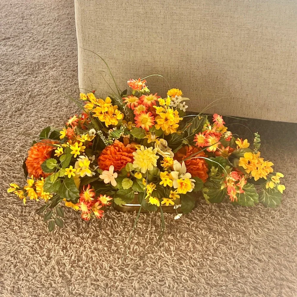 Vtg Large Artificial Floral Arrangement Orange Yellow Silk Flowers Brass Planter